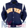 American Football Team Denver Broncos Navy Varsity Bomber Jacket with Buttoned Closure and Full-Length Sleeves