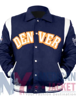 American Football Team Denver Broncos Navy Varsity Bomber Jacket with Buttoned Closure and Full-Length Sleeves