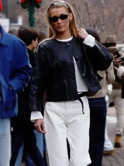 Aspen 2026 Bella Hadid Cropped Black Leather Jacket