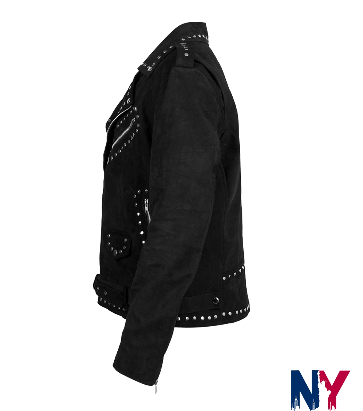 Close-up of Men And Women Stegaro Black Studded Suede Leather Biker Jacket Sale