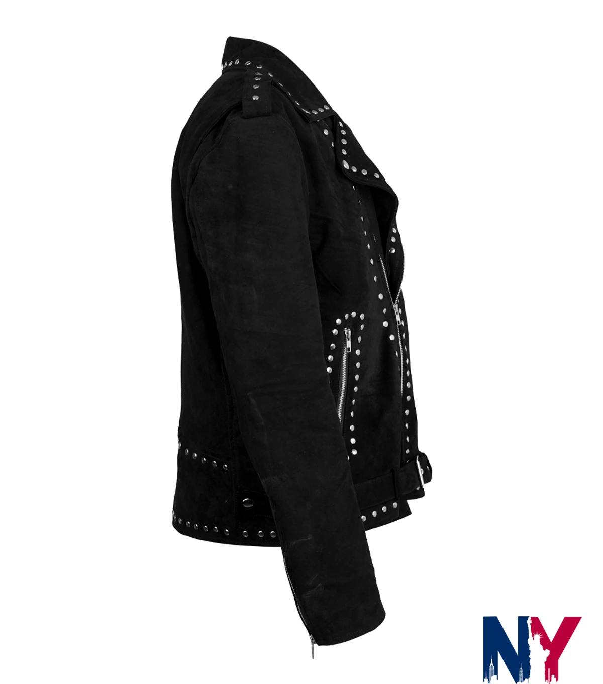 Close view of Men And Women Stegaro Black Studded Suede Biker Leather Jacket Sale