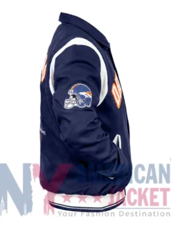 Denver Broncos Navy Blue Wool Varsity Bomber Jacket with Shirt Style Collar and Rib-Knitted Cuffs