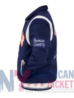 Denver Broncos Varsity Bomber Jacket featuring Navy Wool Fabric, Viscose Lining, and Two Outside Pockets