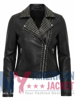 Evelyn Round Studded Leather Biker Jacket