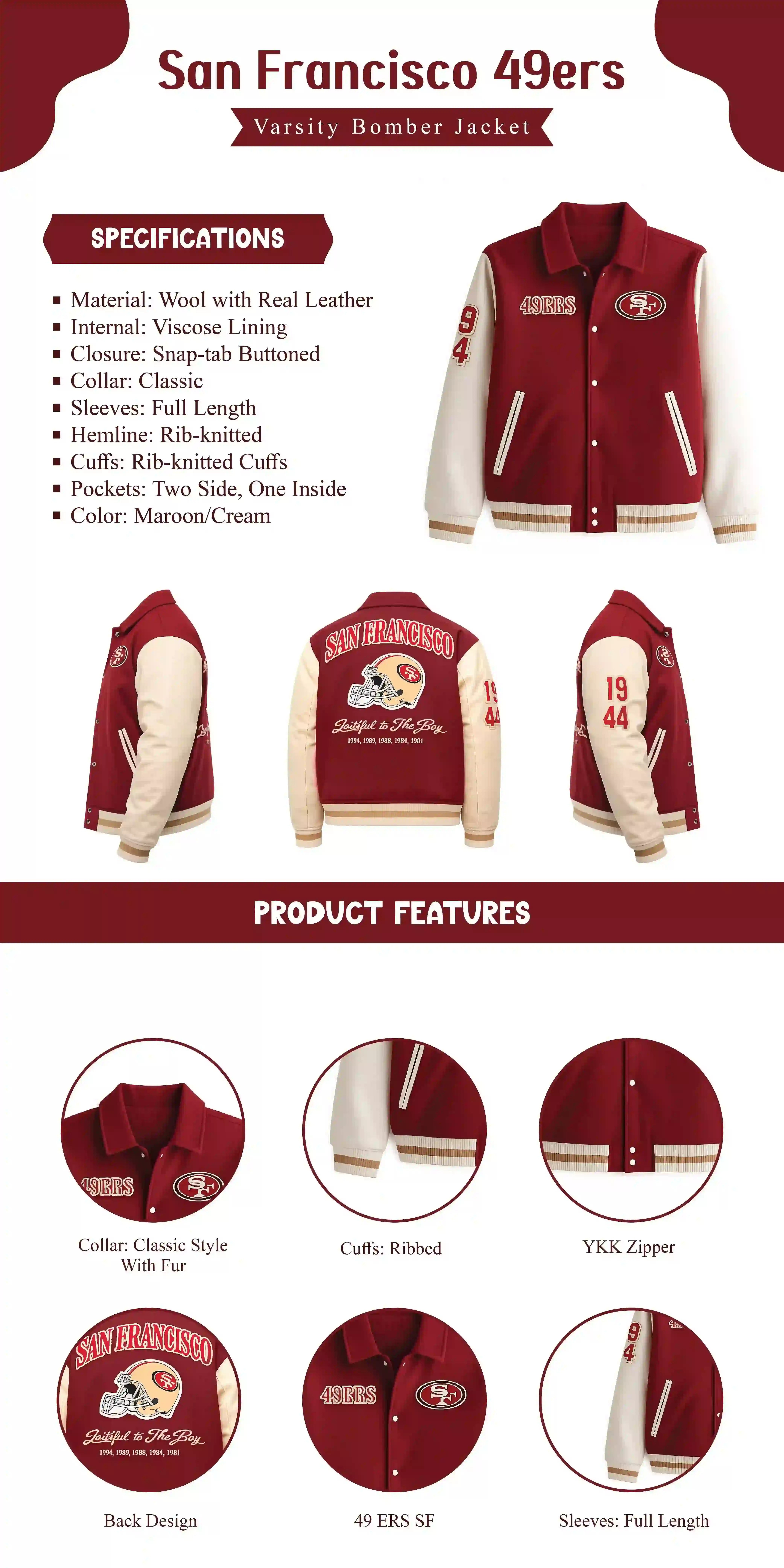 Fred Warner 49ers Varsity Bomber Jacket infographic