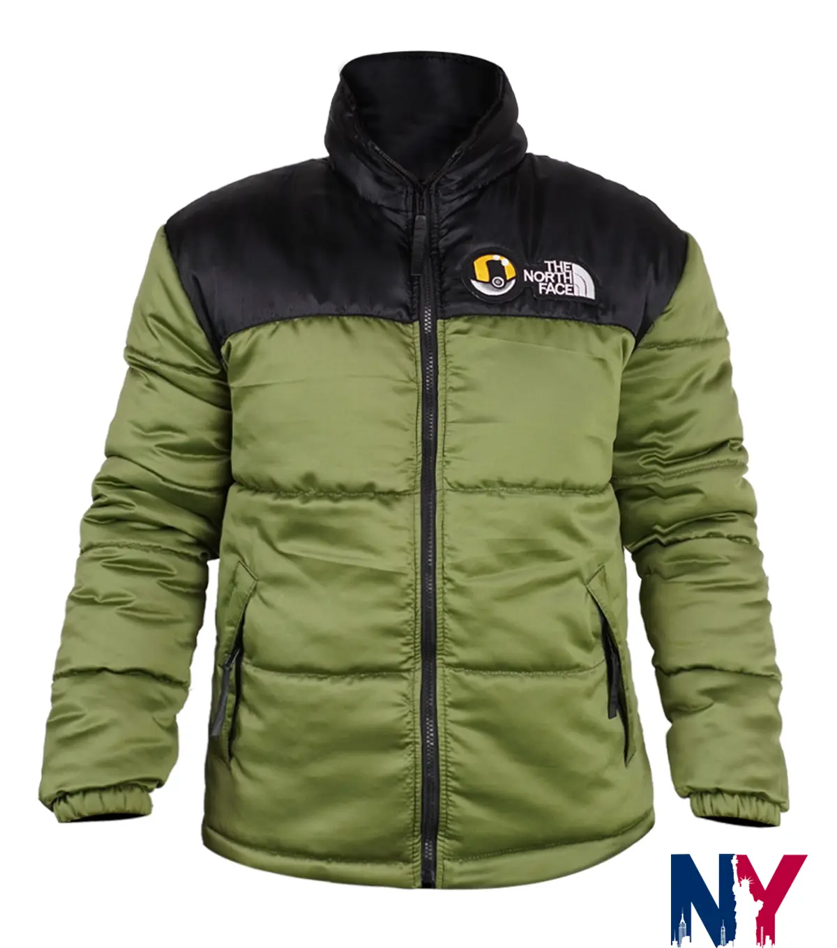 Get Pokémon x The North Face Nuptse Green Puffer Jacket front view
