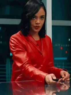 His and Hers Tessa Thompson Red Leather Blazer