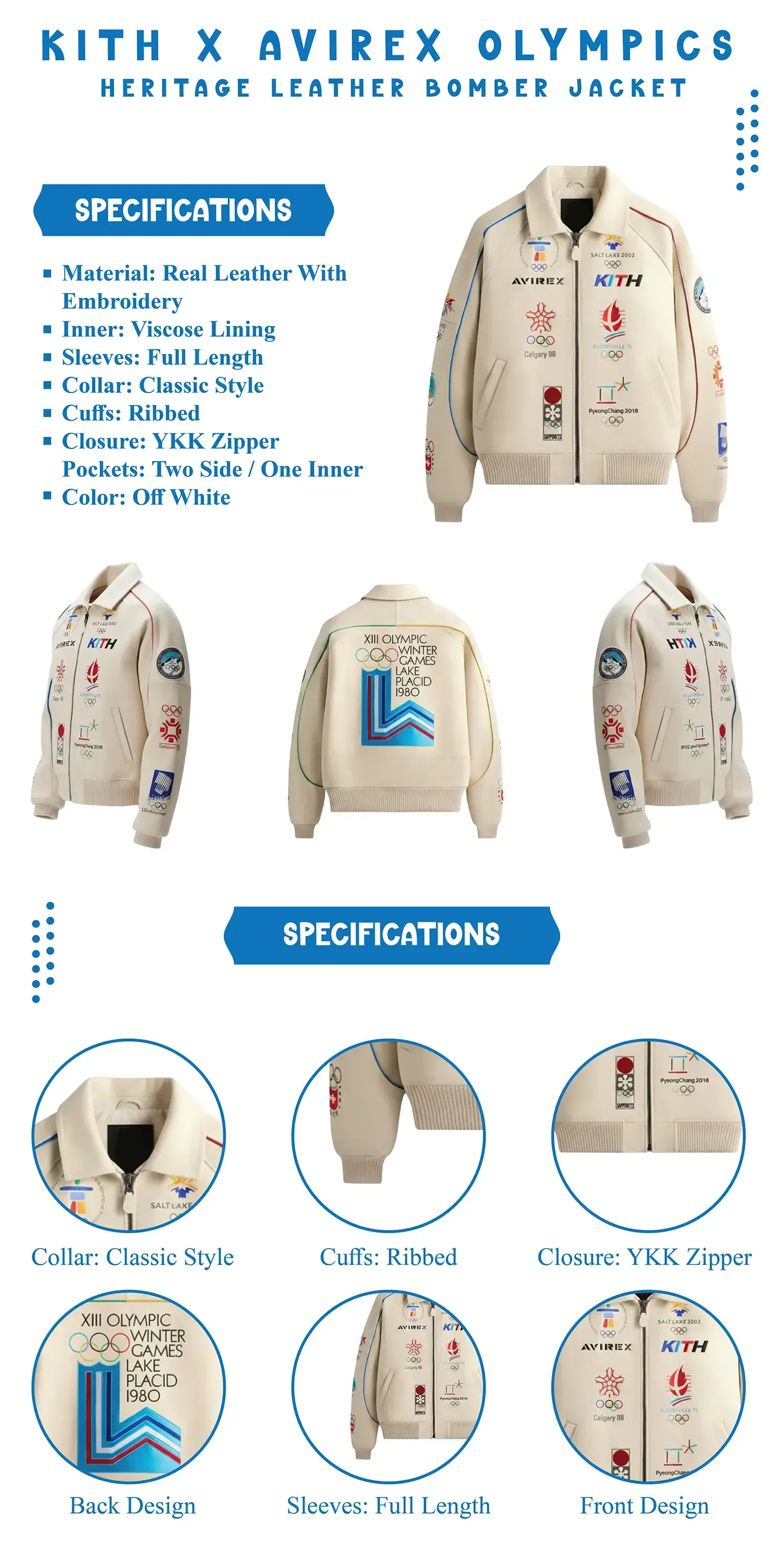 Kith AVIREX Olympics Heritage Leather Jacket infographic