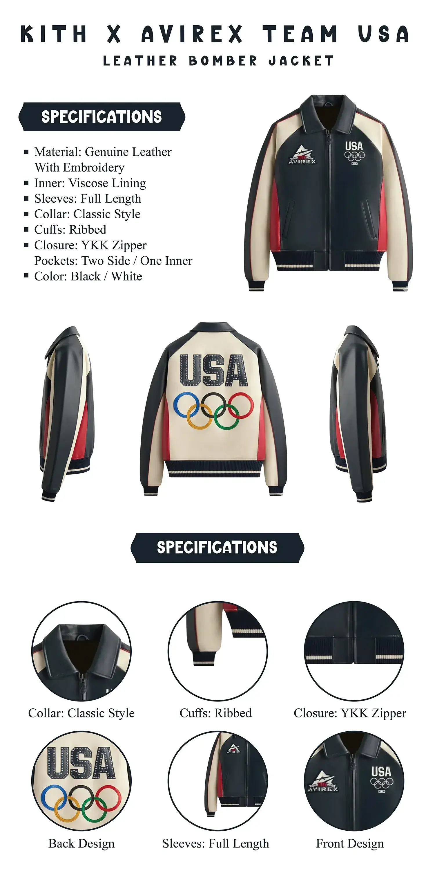 Kith AVIREX Team USA Olympics 2026 Jacket infographic