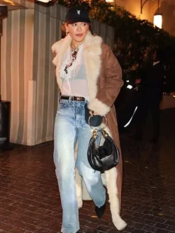 LA 2026 Rita Ora Brown Shearling Leather Coat