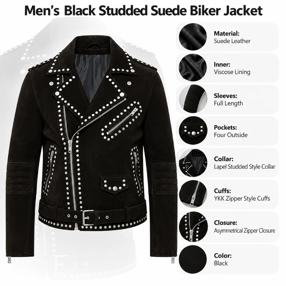 Men Black Studded Suede Biker Jacket Infographic