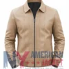 Men's Beige Vertical-Paneled Leather Bomber Jacket