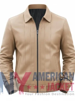 Men's Beige Vertical-Paneled Leather Bomber Jacket