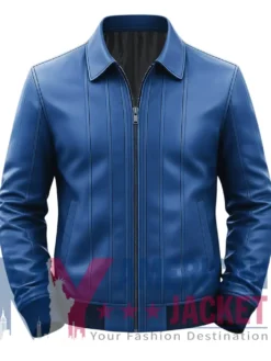Men's Blue Vertical-Paneled Leather Bomber Jacket