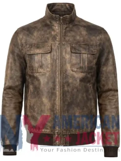 Men's Distressed Leather Bomber Jacket