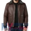 Men's Pilot Style Shearling Fur Dark Brown Jacket
