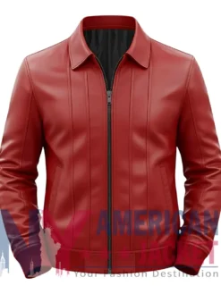 Men's Red Vertical-Paneled Leather Bomber Jacket
