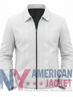 Men's White Vertical-Paneled Bomber Leather Jacket