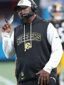 Mike Tomlin Head Coach Steelers Sideline Black Sleeveless Hoodie For Sale