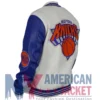 NY Knicks Cream And Royal Varsity Leather And Wool Jacket