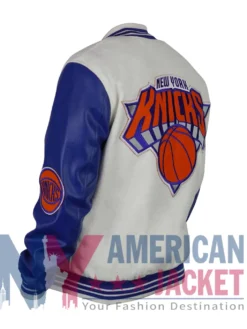 NY Knicks Cream And Royal Varsity Leather And Wool Jacket