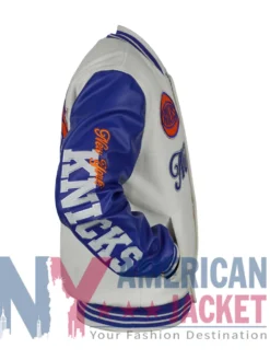 NY Knicks Cream And Royal Varsity Leather Wool Jacket