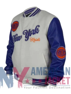 NY Knicks Royal Cream And Leather And Wool Varsity Jacket