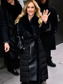 NYC 2026 Holly Hunter Fur Trim Black Coat