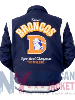Navy Blue Denver Broncos Wool Varsity Jacket with Rib-Knitted Cuffs, Shirt Collar, and Classic Button Closure