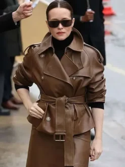 PFW 2026 Claire Foy Brown Leather Jacket