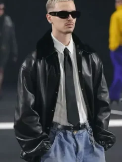 PFW 2026 Romeo Beckham Black Leather Jacket
