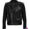 Shop Men And Women Stegaro Black Studded Suede Leather Biker Jacket front view