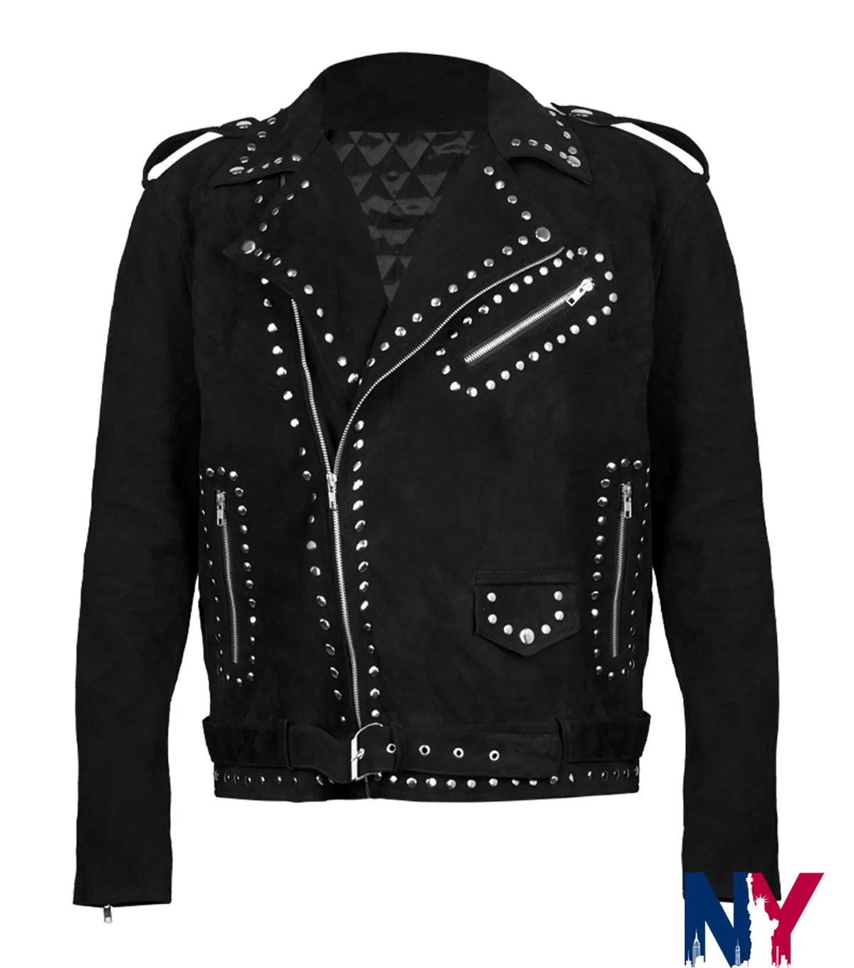 Shop Men And Women Stegaro Black Studded Suede Leather Biker Jacket front view