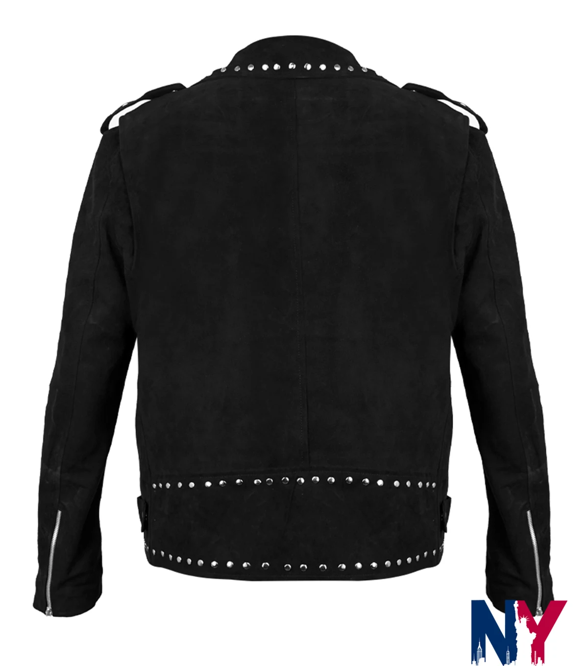 Shop Men And Women Stegaro Studded Black Suede Leather Biker Jacket back view