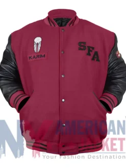 Starfleet Academy Red And Black Wool Varsity Jacket with PU Leather Sleeves and Snap-Tab Closure