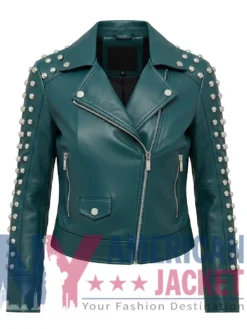 Stegaro Sofia Studded Leather Shoulder Green Jacket