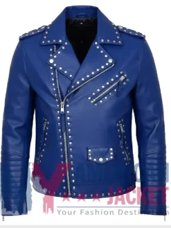 Stegaro Studded Blue Leather Biker Jacket