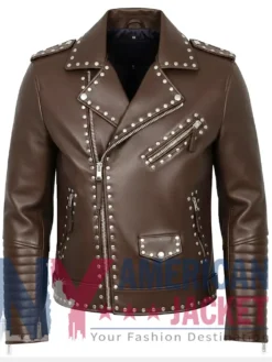 Stegaro Studded Brown Leather Biker Jacket