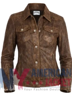 Stegaro Women's Leather Brown Distressed Jacket