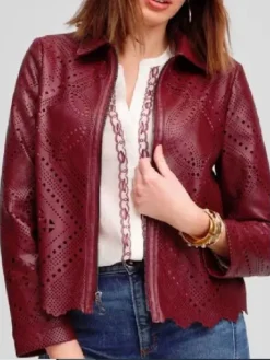The Traitors US S4 Donna Kelce Burgundy Leather Cutout Jacket