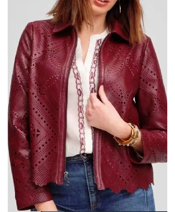 The Traitors US S4 Donna Kelce Burgundy Leather Cutout Jacket