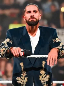 WWE RAW Seth Rollins Golden Peacock Navy Blue Long Coat