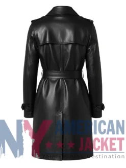 Women's Adjustable Belted Black Leather Coat