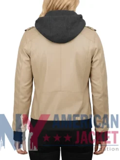 Women’s Beige with Removable Hood Leather Jacket