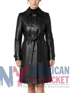 Women's Belted Adjustable Black Leather Coat