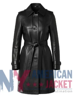 Women's Belted Leather Black Adjustable Coat