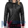 Women's Black with Removable Hood Leather Jacket