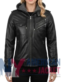 Women's Black with Removable Hood Leather Jacket