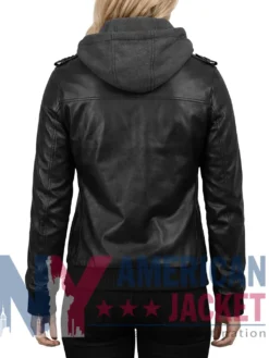 Women's Black with Removable Leather Hood Jacket