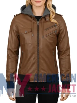 Women’s Brown with Removable Leather Hood Jacket